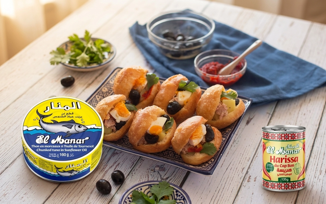 tunisian fricasse, fricasse au thon, tunisian fried sandwich, street food tunisia, tunisian bread roll, harissa sandwich, El Manar tuna recipe, tunisian snack