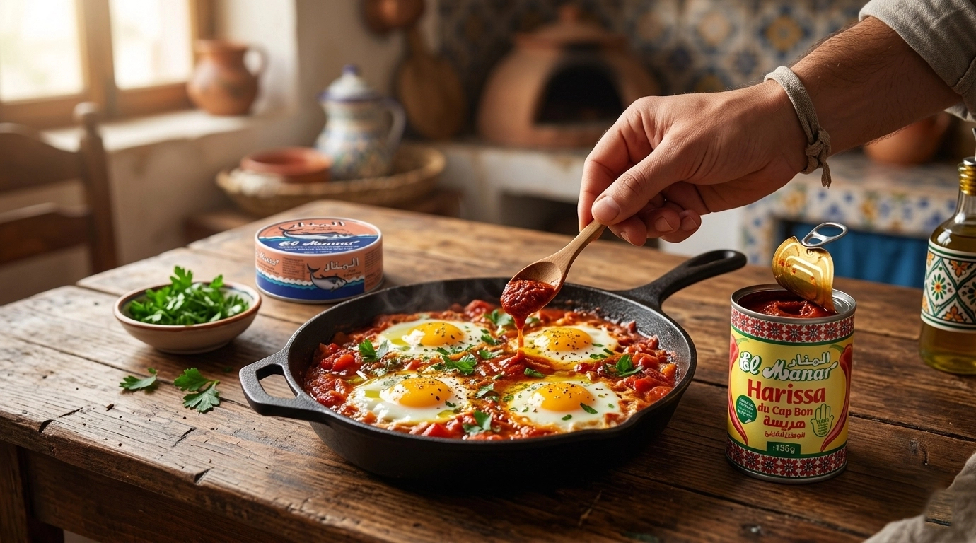 ojja tunisienne, tuna shakshuka, tunisian egg skillet, ojja au thon, harissa eggs, tunisian dinner recipe, El Manar tuna, quick tunisian food